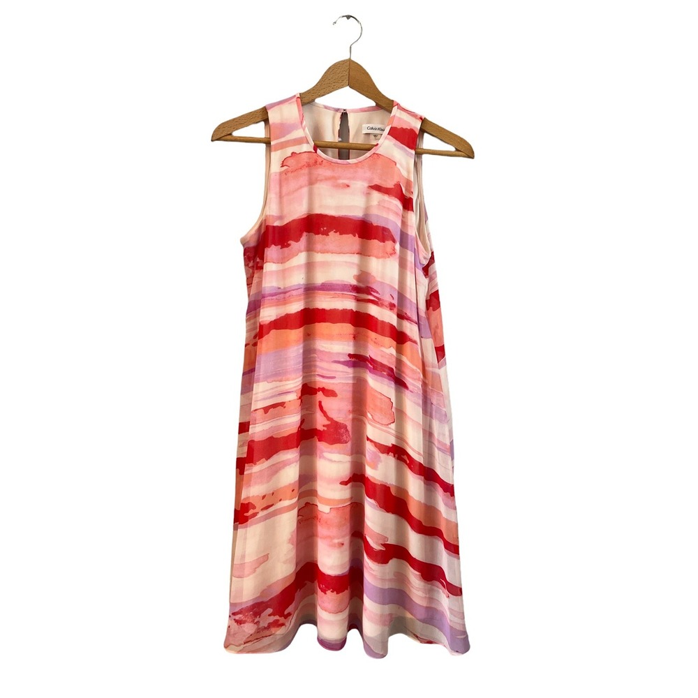 NWT CALVIN‎ KLEIN SLEEVELESS TRAPEZE Swing Flare PINK RED LINED DRESS 8